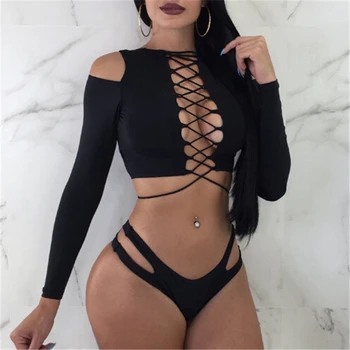 

Sexy Women 2pcs Bikini Set Summer Solid Long Sleeve Bandage Swimsuit Push Up Swimwear Lace Up Bathing Suit Swimming Suit Biquini