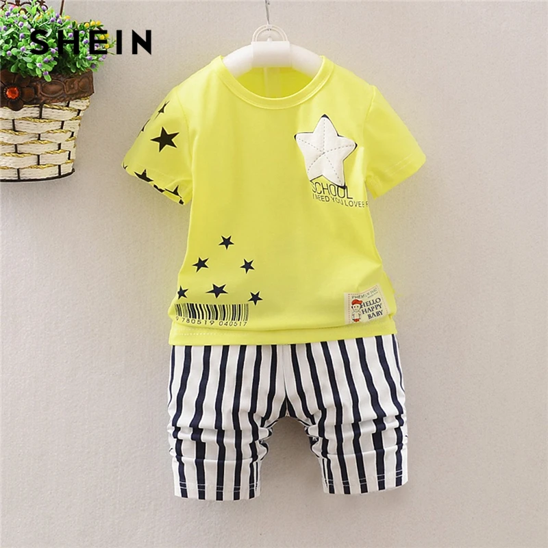 SHEIN Kiddie Toddler Boys Geometric Print Tee With Striped Shorts Suit Set Kids 2019 Summer Short Sleeve Casual Clothes Sets SHEIN Kiddie Toddler Boys Geometric Print Tee With Striped Shorts Suit Set Kids 2019 Summer Short Sleeve Casual Clothes Sets