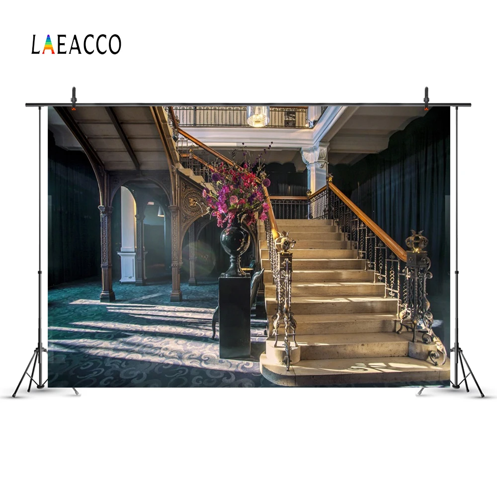 Laeacco Palace Interior Stairs Flowers Arch Door Photography Backgrounds Customized Photographic Backdrops For Photo Studio