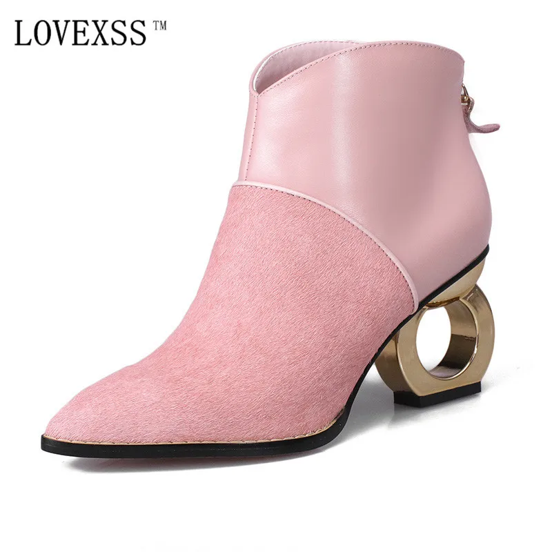 LOVEXSS 2017 Y el Invierno de Cuero Genuino Botas Mujeres Moda Punta estrecha Botines Felpa Corta Botas de Pelo de Caballo Gris Rosa Bottines