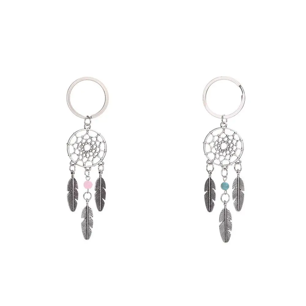 

1PC Dream Catcher Simple Fashion With Green Beads Key Ring Buckle Pendant Silver Tone Feathers Tassels Keychain For Gift