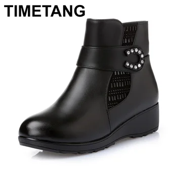 

TIMETANG Plus size(35-43) winter women genuine leather wedges snow boots wool fur ankle boots warm shoes women boots
