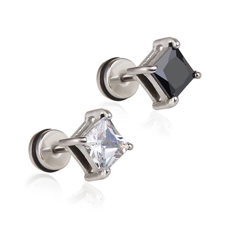 

Classic 8mm Square Clear/Black Cubic Zircon Stud Earrings For Male Stainless Steel Alloy Engagement Party Accessories