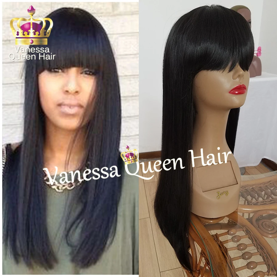 Long Straight Silky Straight Hair With Bangs Black Glueless Lace Front