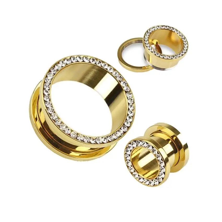 1 Pair of clear gem plug gauges stainless steel gold color screw fit ear plugs flesh tunnel body