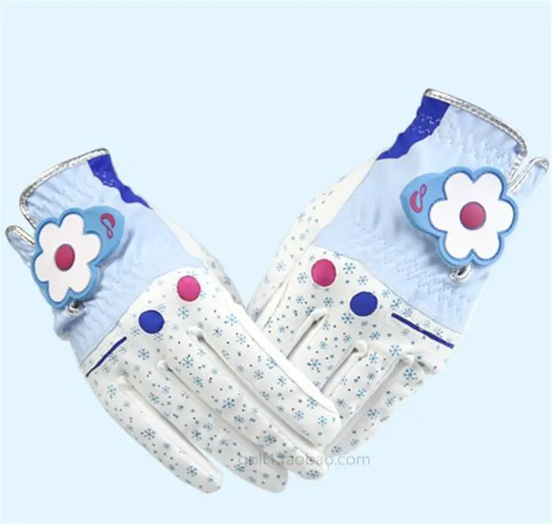 Одна пара с цветочным принтом Гольф перчатки из дышащей искусственной кожи Для женщин на открытом воздухе Спорт Гольф клубы тренировочные перчатки двойной передал 4 цвета - Цвет: white blue