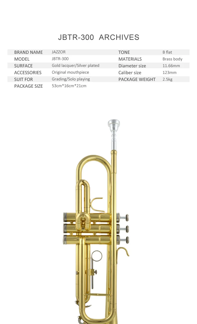 JAZZOR JBTR-300 B плоская позолоченная труба с лаковым покрытием с футляром мундштук, музыкальные инструменты золотого/серебряного цвета