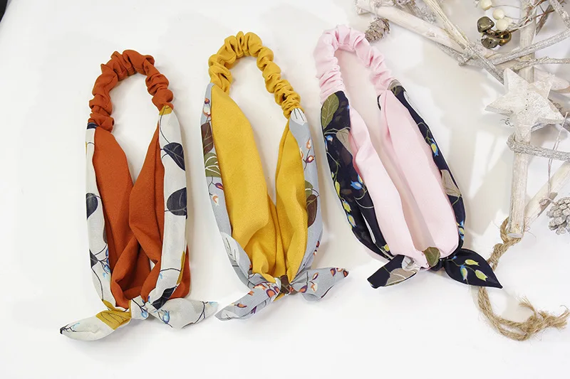 8Chiffon Bunny Ears Baby Girl Hairband High Elastic Comfort Newborn Toddler Headband Fashion Floral Print Headwear Hair Accessories
