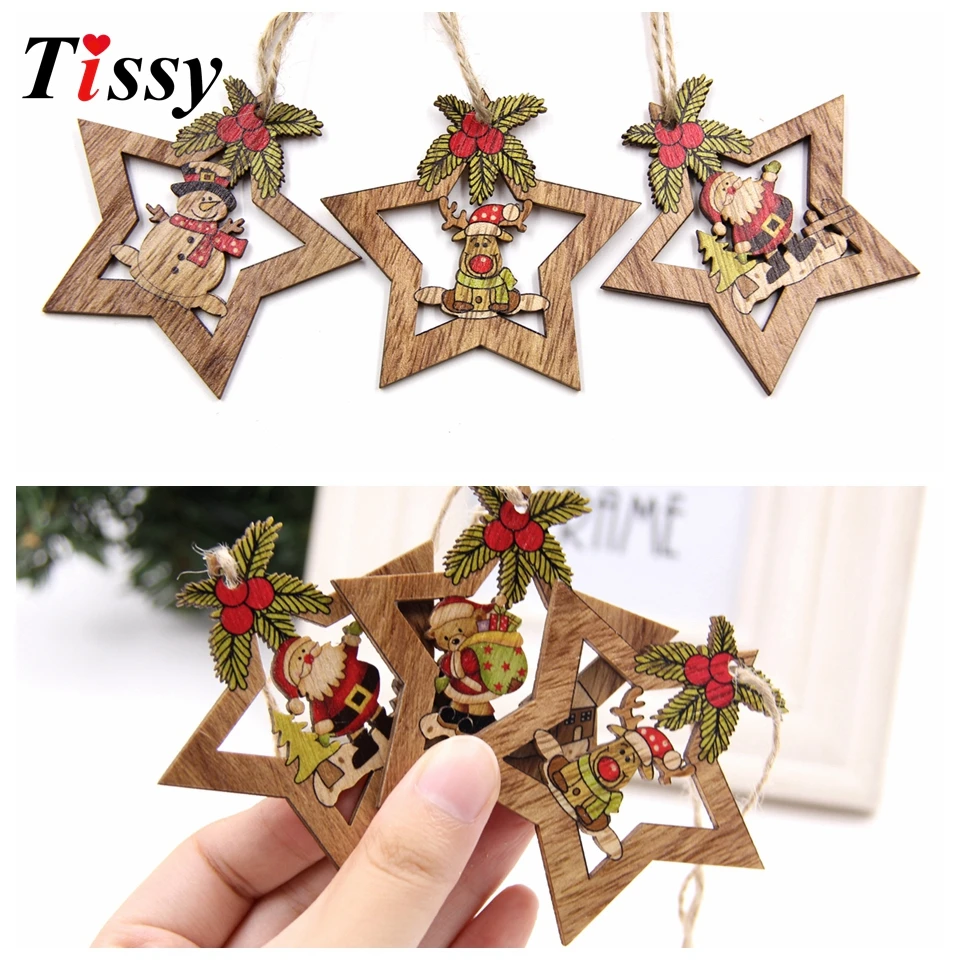 4PCS Star Printed Wooden Pendants Ornaments Xmas Tree Ornament DIY Wood Crafts Kids Gift for Home Christmas Party Decorations