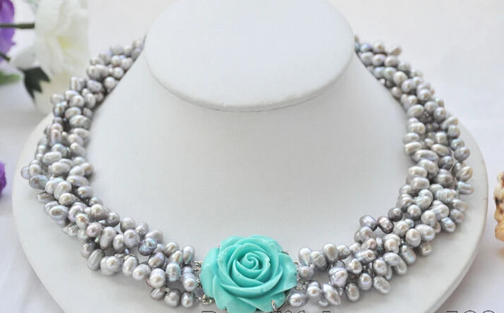

Free shipping >>>>>Z6952 4Strds gray rice freshwater pearl blue flower necklace 19inch