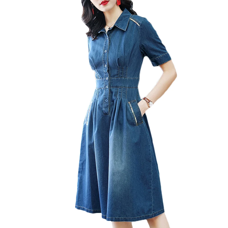

Womens slim denim dress 2018 summer fashion short-sleeved denim dress womens aristocratic temperament a-line dress women clothes