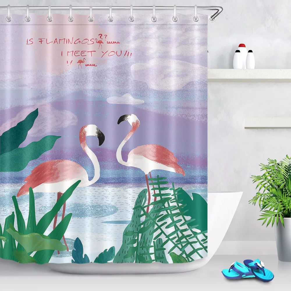 Pink Flamingo Feather Water Waterproof Fabric Shower Curtain Set For Bathroom 