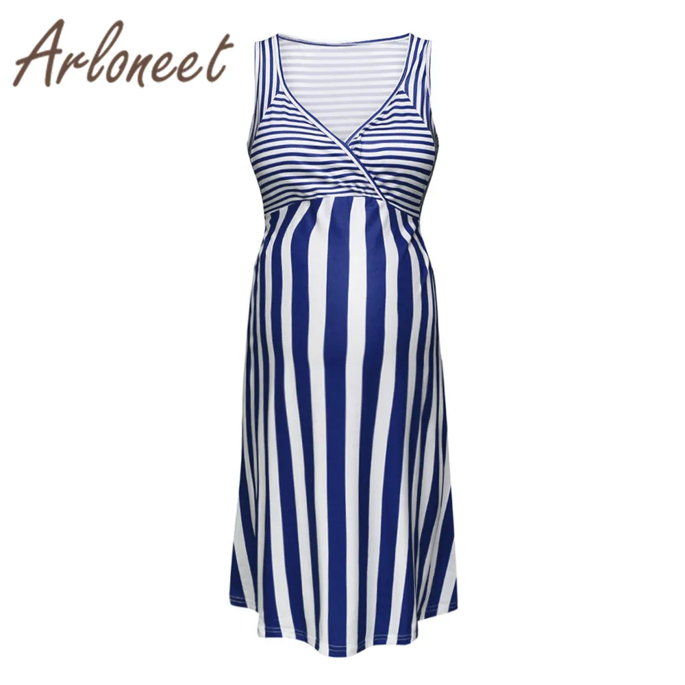 Одежда arloneet, женское платье для беременных, Vestidos, Полосатое платье без рукавов, v-образный вырез, Повседневное платье, летняя сексуальная женская одежда для беременных - Цвет: BU