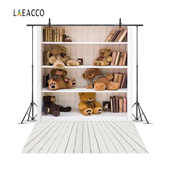 

Laeacco Shelf Bears Plush Toys Books Wooden Floor Photography Backgrounds Baby Portrait Photographic Backdrops Newborn Photozone