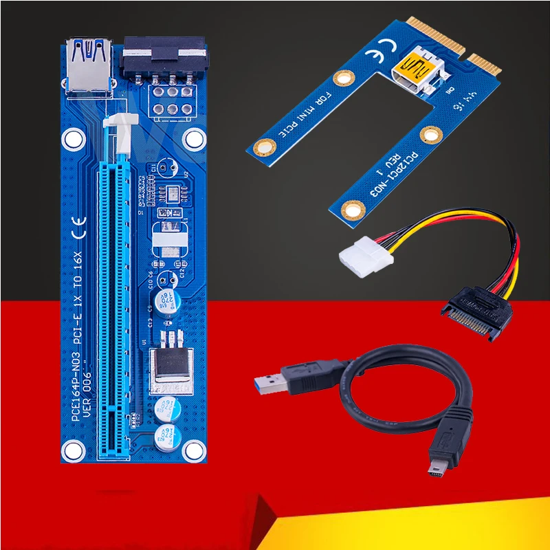 

New Mini PCI Express PIC-E Riser Card 1x to 16x USB 3.0 Data Cable SATA to 4Pin IDE Power Supply for BTC Miner Machine Mining