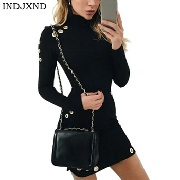 

INDJXND Sexy Hollow Out Cotton Bodycon Dress Women Ladies Long Sleeve Black Dress Elegant Party Short Dress Vestidos De Fiesta