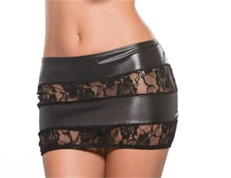 Sexy Wet Look Lingerie Stretch Mini Ultra-short Lace Skirt Side Open Fork Wrapped Mini Dress Nightclub Stage Performance Costume