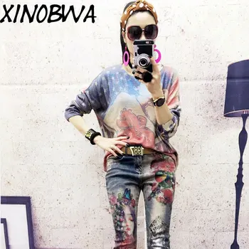 

Europe New Women Autumn Fashion O Neck Long Sleeve Gold Painting Knitted Sweater Pullover Female Casual Loose Oversize Sweater
