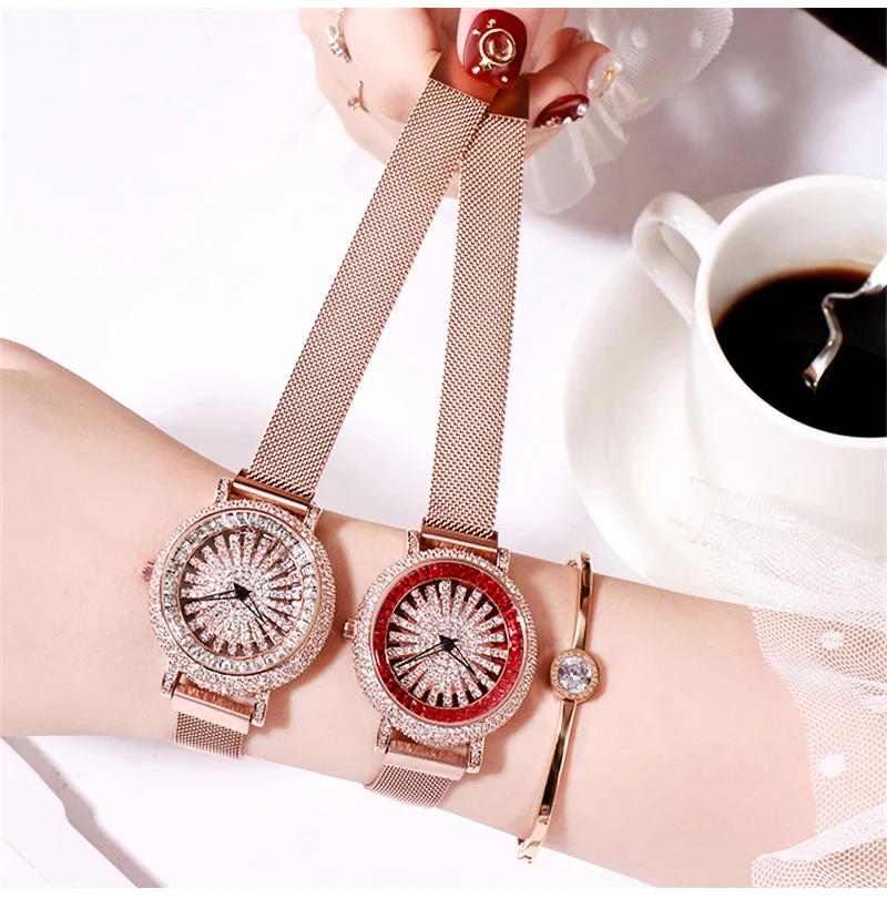 Креативный вращающийся Кристалл женские часы люксовый бренд браслет из нержавеющей стали дамские часы с бриллиантами Женские часы relogio feminino