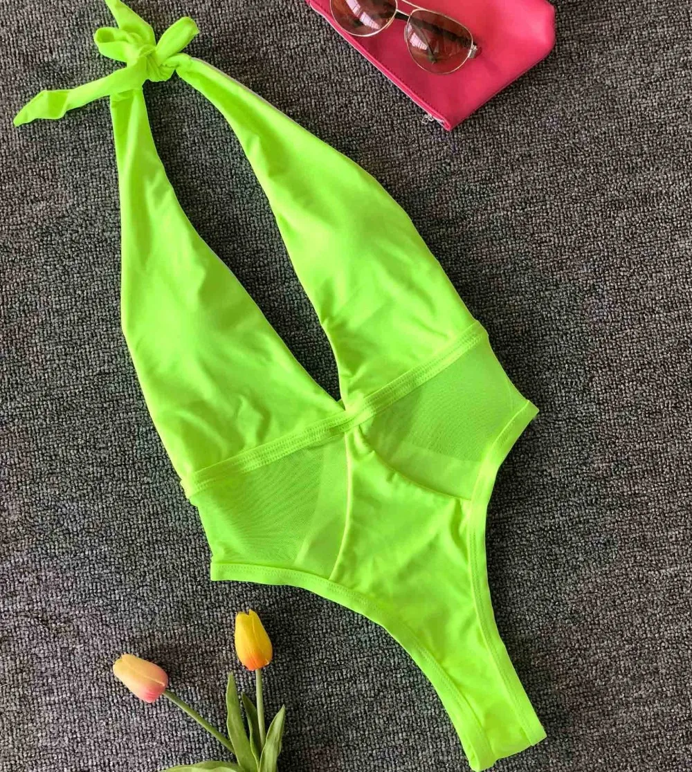 One-piece Neon Lime Backless Swimsuit 2019 Sexy Women Swimming Smocked Halter Trim in The Moment High Waist Swimsuit 2 Color 12