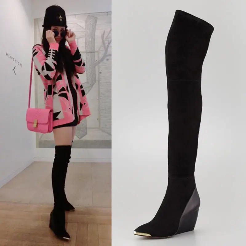 

Women High Heels Wedge Pointed Toe Elastic Over The Knees Chic Long Boots B79