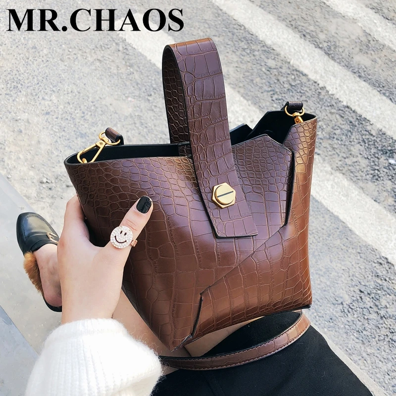 

Famous Brand Leather Crossbody Bag Women Stone Alligator Bucket Shoulder Bag Designer Ladies Small Totes with Purse