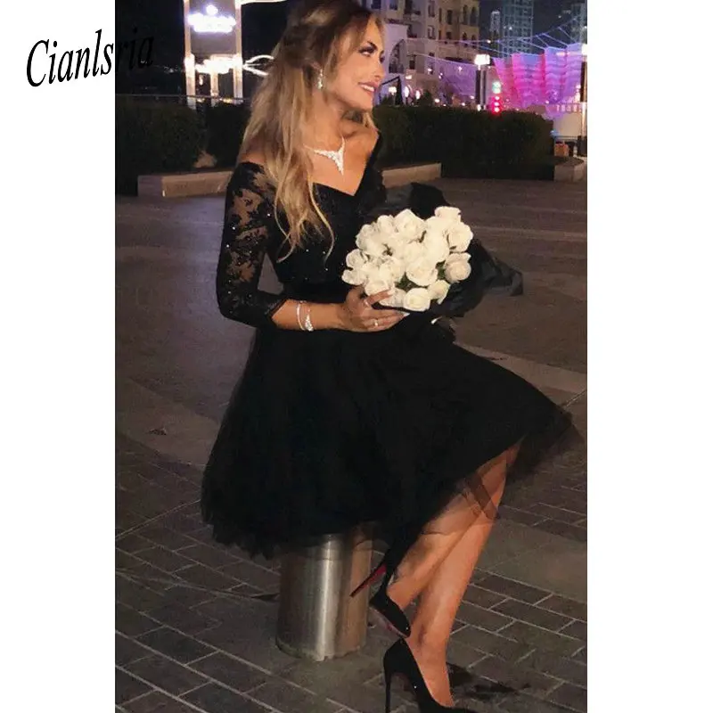 Modest 3/4 Sleeves Tulle V-neck Homecoming Dresses Lace Applique Juniors Dresses - Цвет: same as pic