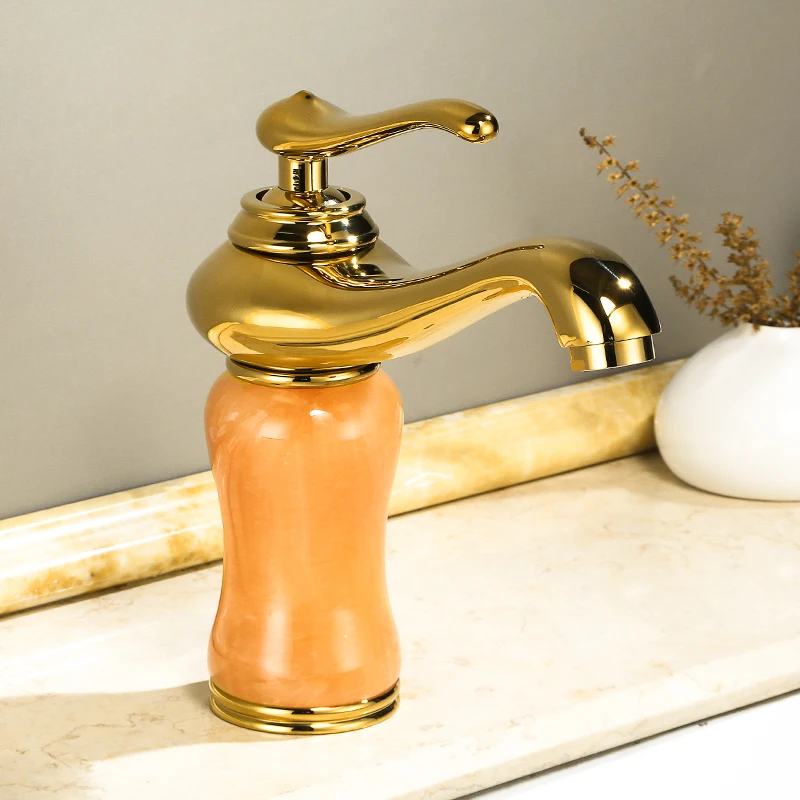 Luxury Gold Brass Natural Jade Bathroom Sink Faucet Golden Art Basin