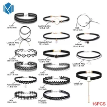 16 шт./компл. колье Цепочки и ожерелья Черное кружево Треугольники кулон татуировки воротником вечерние ювелирные изделия шейка аксессуара в готическом стиле, колье-чокер цепи Цепочки и ожерелья