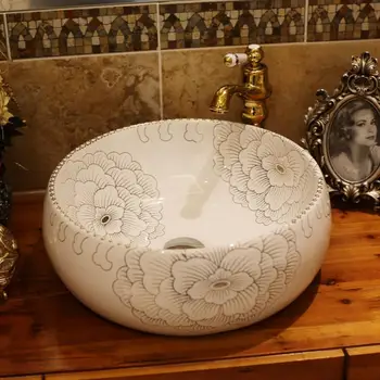 

Procelain Handmade Artistc Ceramic Lavabo Bathroom Vessel Sinks white peony ceramic wash basin Bathroom Sink