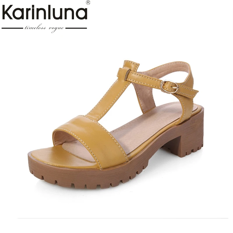 

KARINLUNA 2018 Brand New Plus Size 33-42 Square High Heels Leisure Women Shoes Summer Sandals t-strap Woman Shoes