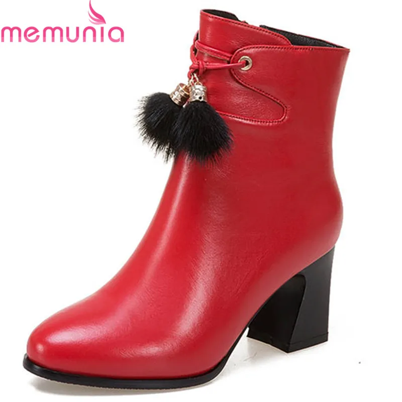 

MEMUNIA 2020 genuine leather boots women round toe zipper warm autumn winter boots fashion high heels dress shoes woman black