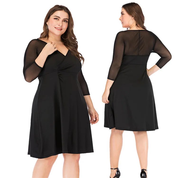 

2019 New Autumn Mesh Patchwork Women's Dress Casual Black Clothing Femme Big Size Fat MM Spring Dresses Women Office Lady Dress