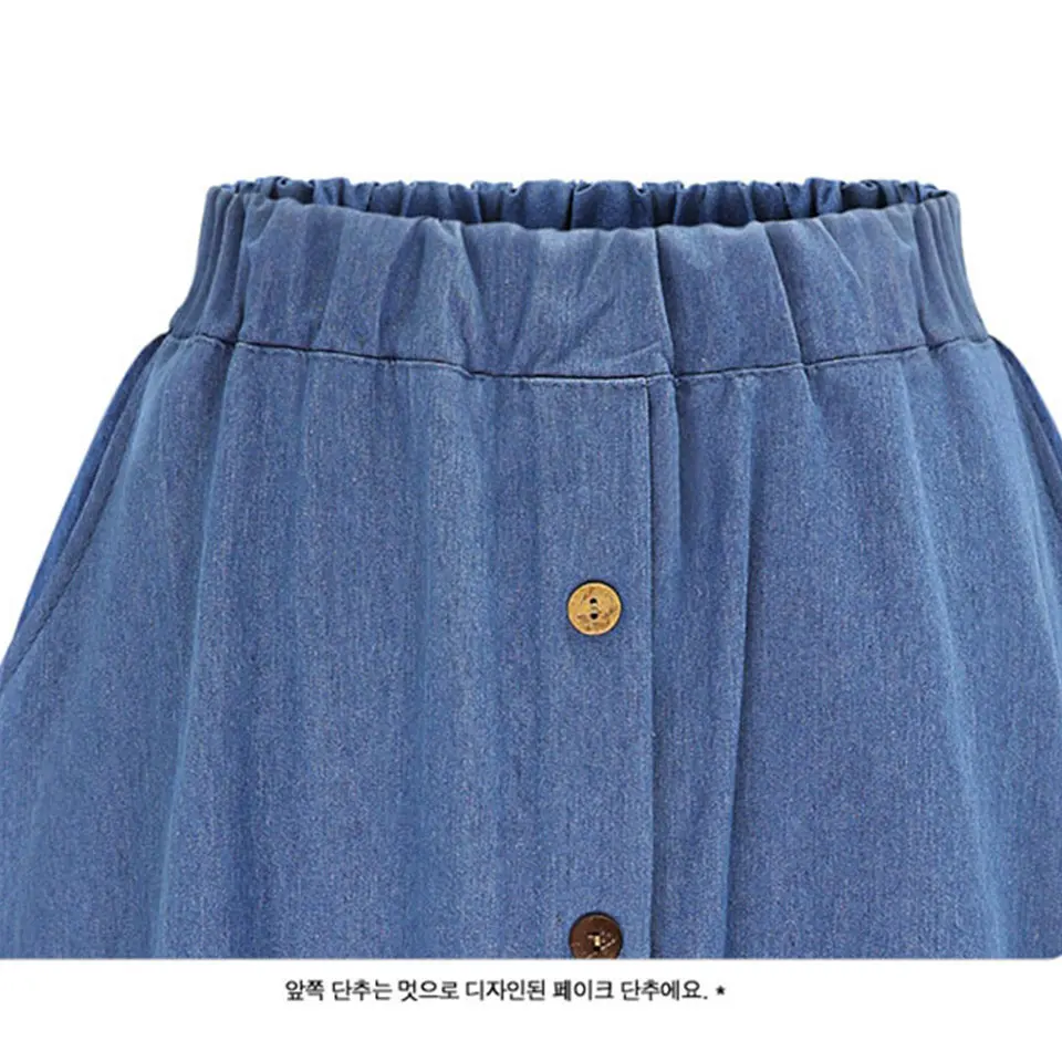 Summer Women Denim Skirt Casual Button High Waist Pleated Skirts Vintage Blue High Elastic Jean Skirts Plus Size Sundress