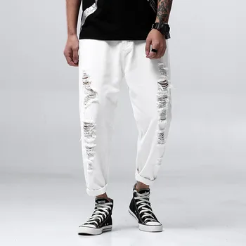 

Cycling jeans Spring and Summer Modis Hole Nine Points jeans Men's Loose Harem pants Japanese Retro Large size 9 Points jeans