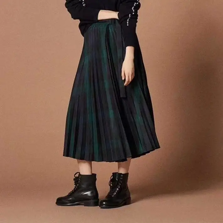 2018 осень и зима новые модные британский стиль высокой отрегулировать талии женщин попали в цвет в полоску длинные плиссированные юбки
