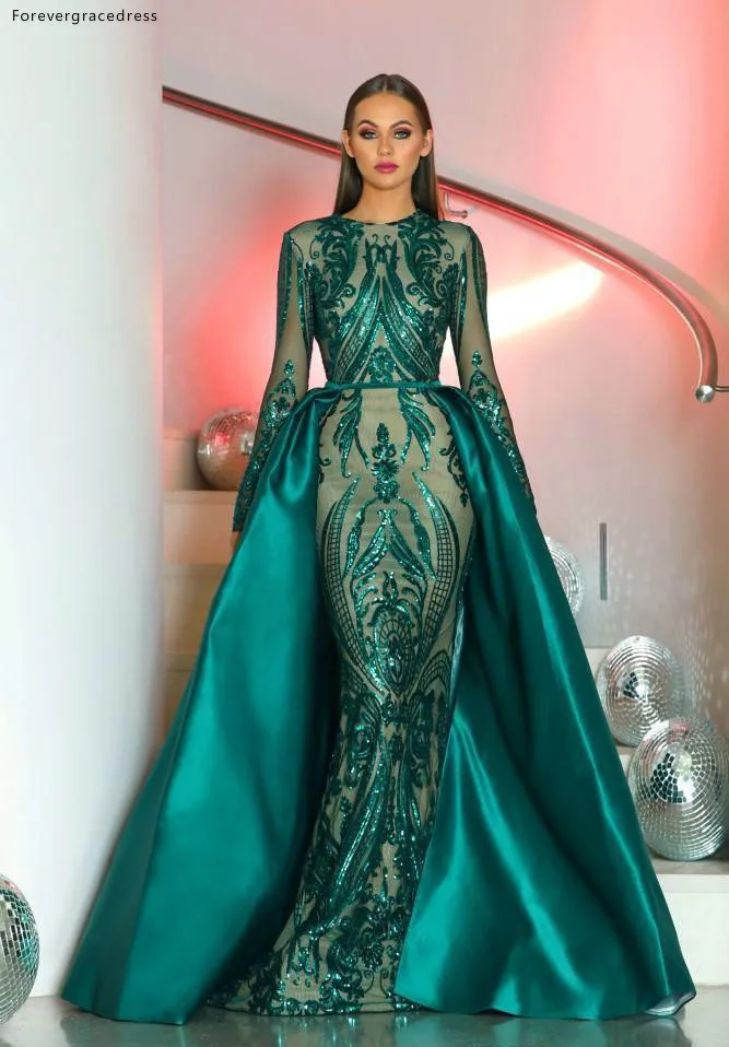 Saudi Arabia Long Sleeves Mermaid Evening Dresses 2018 Dubai Kaftan Muslim Emerald Green Glitter Sequined Formal Prom Party Gowns  300 (6)