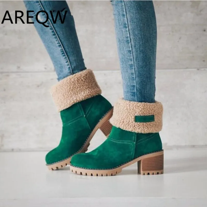 

Women Boots Female Winter Shoes Woman Fur Warm Snow Boots Fashion Square High Heels Black Green Boots