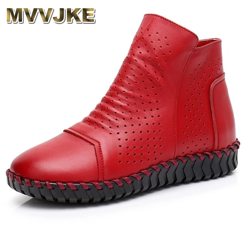 

MVVJKE Women Boots Genuine Leather Ankle Boots Hollow Summer Boots Chaussures Femme Comfortable Flat Women Shoes Large Size