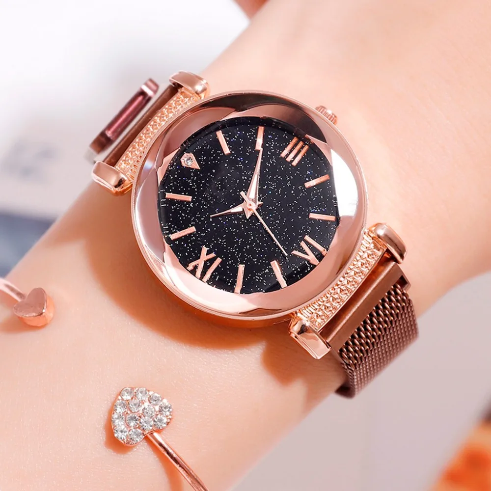 

Luxury Women Magnetic Watches Personality Romantic Starry Sky Magnet Buckle Watch Roman Numeral Desgin Quartz Watches Relogio