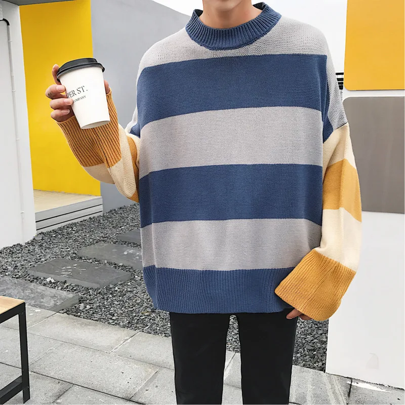

Autumn Winter New Men's Sweater Warm Fashion Contrast Color Stitching Loose Large Size Casual Long-sleeved O-neck Pullover Man