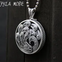 Fyla Mode 100% Real 999 Sterling Silver Jewelry Retro Peacock Necklace Pendant for Women 34MM 12.30G TYC267