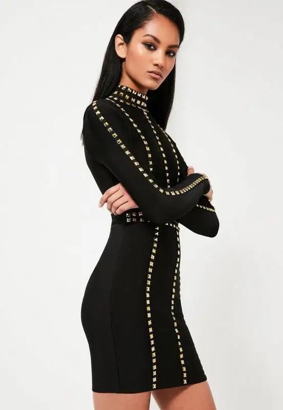 Günstig Perlen Verband Kleid Frauen Schwarz Oansatz Rollkragen Langarm Kleid Formale Promi Party Zipper Verziert Brilliant Vestido