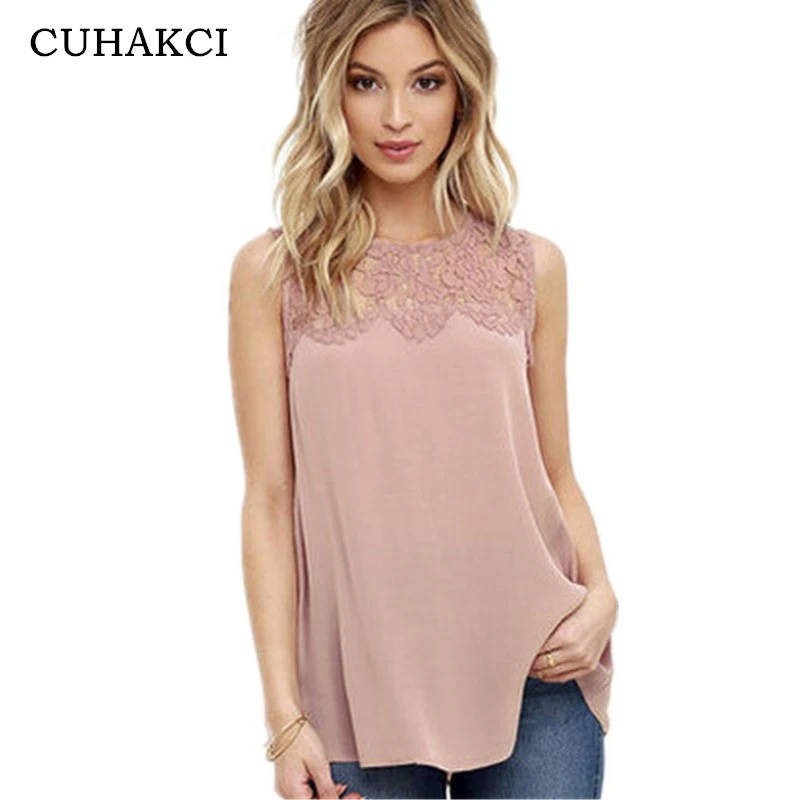 

CUHAKCI Summer Fashion Lace Blouse Shirts Plus Size Tops Elegant Solid Women White Blouses Sleeveless Lace O-neck Chiffon Shirt