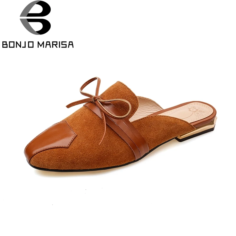

BONJOMARISA 2018 Fashion Cow Suede Large Size 34-42 Brand New Bowtie Woman Flats Mules Shoes Spring Casual Woman Shoes Woman