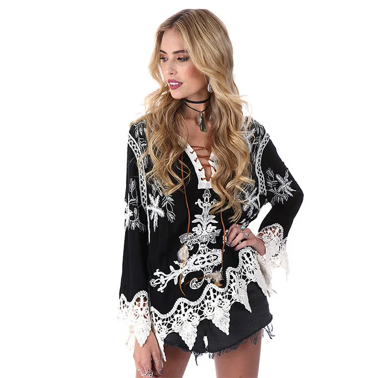 

Kaguster 2019 Feather Embroidery Blouse women Streetwear long sleeve Regular promotion blusa mujer boho clothing lace shirt