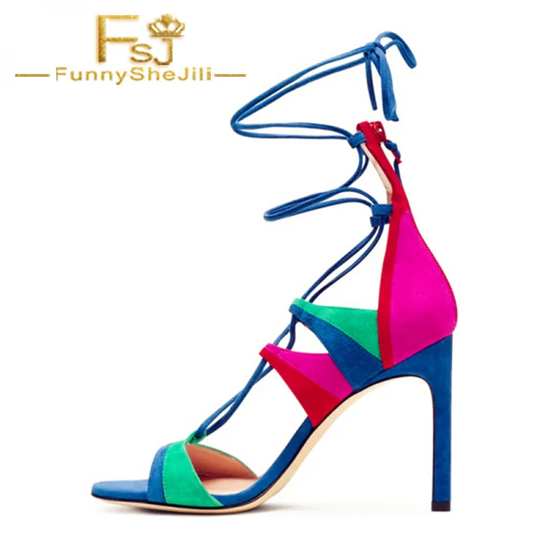 Multi colors Suede Strappy Crossed strap Lace up Stiletto Heels Summer