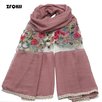 

ZFQHJJ Women Scarf Patchwork Transparent Silk Flower Embroidery Cotton Linen Scarves Lady Summer Muslim Hijab Shawls Wraps