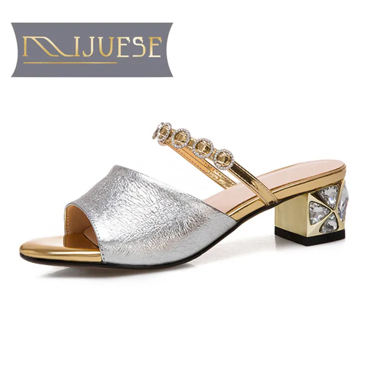 

MLJUESE 2018 women slippers Genuine leather silver color peep toe slip on with crystal heel high heels sandals women size 34-40
