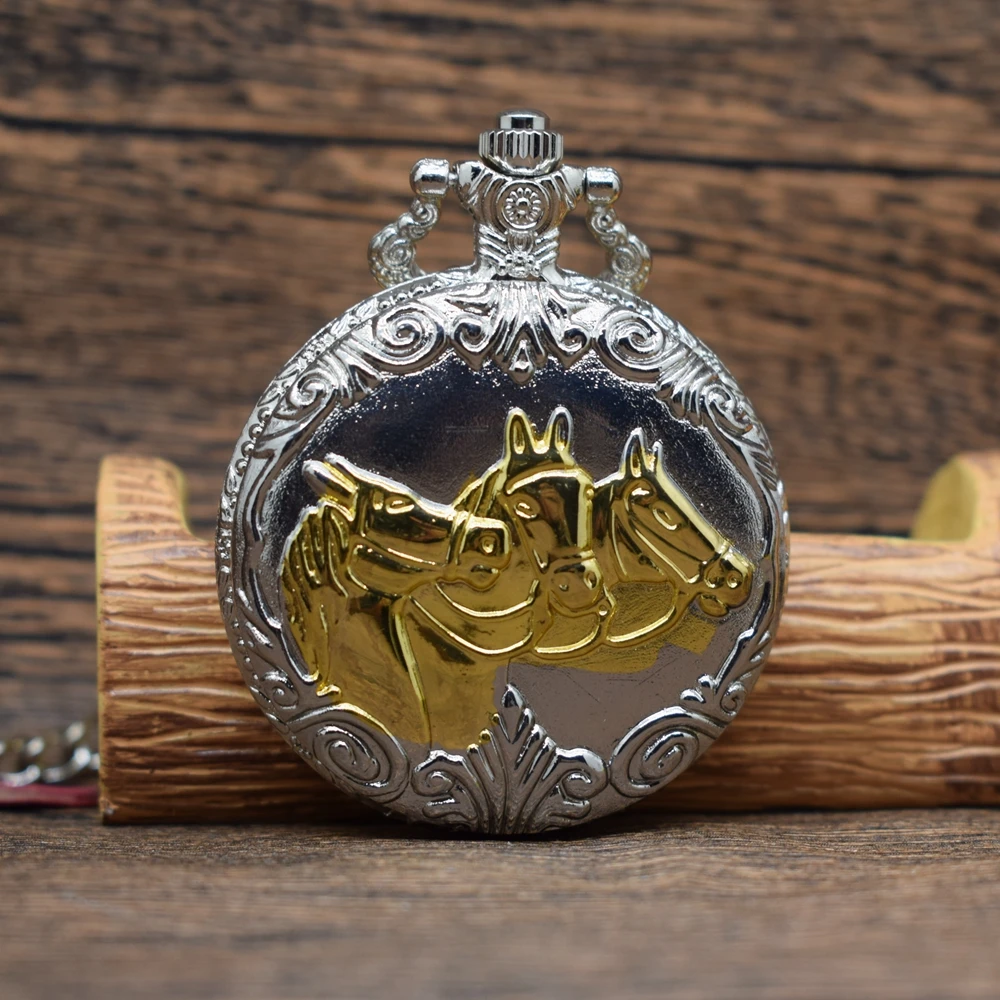 Pocket & Fob Watches Silver&Gold Horses Pattern Quartz Pocket Watches With Belt Chain Pocket & Fob Watches Silver&Gold Horses Pattern Quartz Pocket Watches With Belt Chain